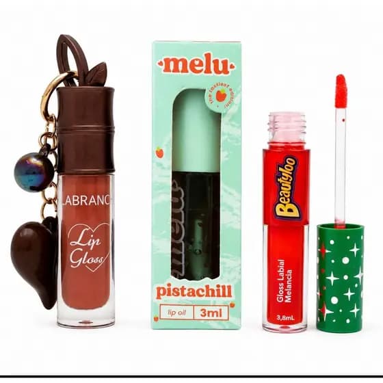 Kit 3 gloss labial | Gloss chaveiro labranche + Lip oil Melu + Gloss Melancia Beautyloo