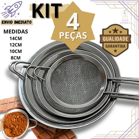 Jogo 4 Peneiras de Aço Inox para Cozinha Confeitaria Peneirar Farinha Bolo Pão Escorrer Massas