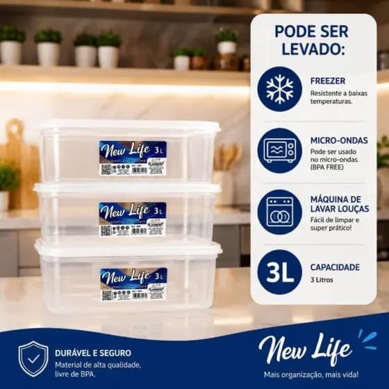 kit 3 Potes Herméticos Transparentes para Mantimentos 3 Litros elegantes e resistentes Livres de BPA sem cheiro