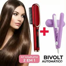 Escova Alisadora Profissional 5 em 1 + Mini Chapinha Portátil Bivolt Prancha Pente Alisador Cabelo