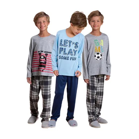 Kit 3 Pijamas de Inverno Infantil Menino Modelo Comprido Sortido Quentinho