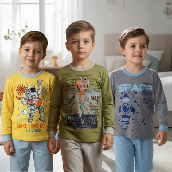 Kit Pijama 100% Algodão Infantil Menino Manga Comprida | Pijama Juvenil Tamanho 1 ao 10 | Roupa de Dormi Inverno