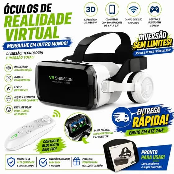 Óculos VR Realidade Virtual 3D Com Fone de Ouvido e Controle Remoto