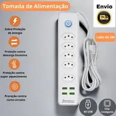 Extensão Elétrica 2m com 5 Tomadas e 4 Entradas USB Botão Liga e Desliga 110V/220V Bivolt - BM-A195