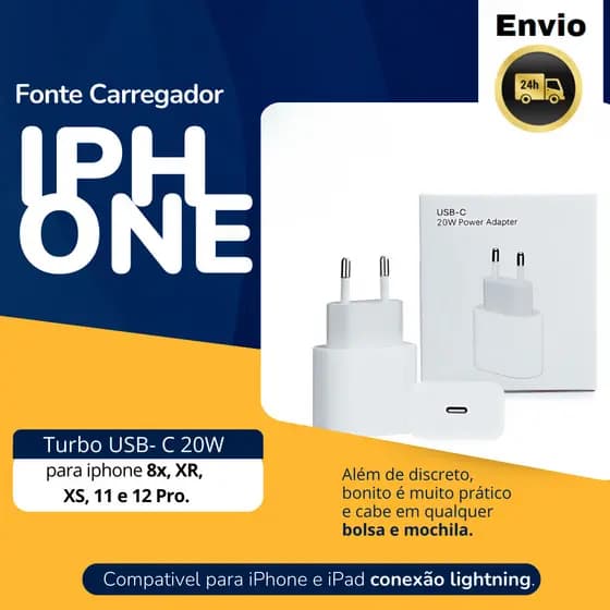 Fonte Carregador Rápido Turbo USB-C 20w iPhone 8 X XR XS 11 12 Pro