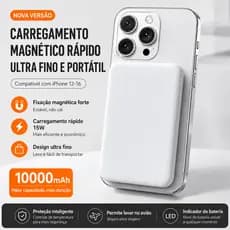 Power Bank 10000mAh Magnético com Indicador LED Proteção de Temperatura Carregamento Rápido 15W iPhone