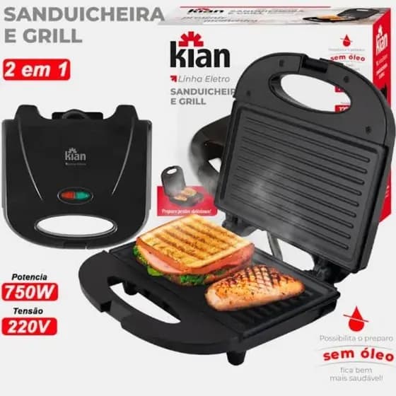 Sanduicheira Grill 127V 750W Preto - Antiaderente Kian
