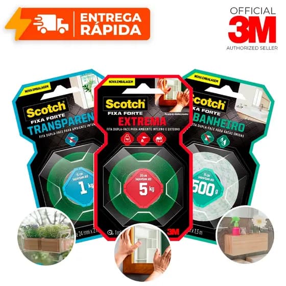 Dupla Face 3M Original Essenciais Extra Forte, Transparente e Banheiro Fixa Quadro Espelho