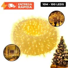 Pisca Pisca 100 LEDs 10m 8 Funções Natal Fio Transparente Branco Quente 127V Cordão Janela Arvore