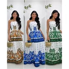 Vestido Longo Tomara que Caia Estampado Tropical Feminino Verão Moda Praia Soltinho Elegante