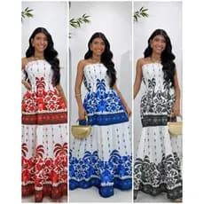 Vestido Longo Estampado Tropical Feminino Tomara que Caia Elegante Soltinho Moda Verão