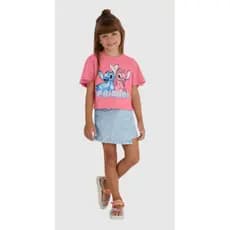 Blusa Infantil Menina Box Manga Godê Stitch Disney Em Algodão Malwee Kids - Rosa