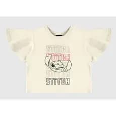 Blusa Infantil Menina Box Manga Godê Stitch Disney Em Algodão Malwee Kids - Off White