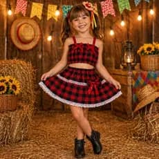 Conjunto Junino Infantil Feminino Xadrez Vermelho Saia e Cropped com Renda e Laço Roupa Caipira Festa Junina 1 a 12 Anos