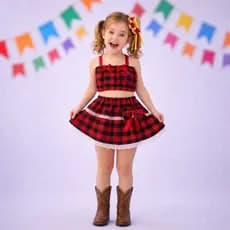 Look Junino Infantil Completo Xadrez Vermelho Menina Saia e Blusa com Renda Festa Junina 1 a 12 Anos