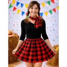 Conjunto Festa Junina Feminino Xadrez Saia Rodada + Lenço Do PP ao G4 Plus Size Look São João