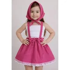 Jardineira Infantil Rosa Pink com Top Branco + Lenço Marsh e Urso | Roupa Temática Infantil  Festa Fantasia