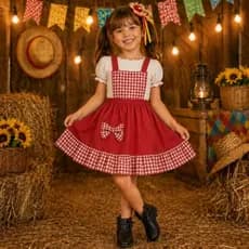 Jardineira Junina Infantil Feminina Xadrez Vermelha com Laço | Roupa Caipira Menina São João 1 a 12 Anos