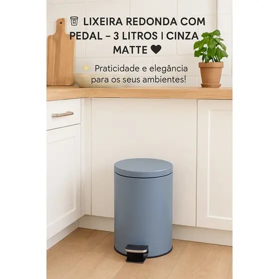 Lixeira Redonda Com Pedal Aco Multiuso Cozinha Banheiro Cinza Fosco 3 Litros