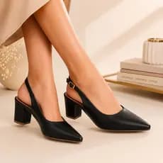 Sapato Feminino Scarpin Bico Fino Salto Bloco 6 cm Traseiro Aberto Preto Confortável Casual e Social
