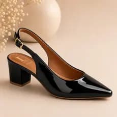 Sapato Feminino Scarpin Bico Fino Salto Grosse 6 cm Slingback Confortável Aberto Fivela Social Noiva