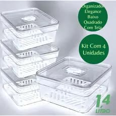 Organizador de Geladeira 1,4 Litros  Baixo Quadrado Com Tela Frutas Legumes Verduras Pote Salada