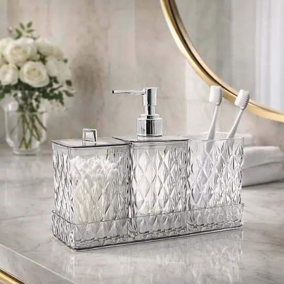 Kit Lavabo 4 Peças Porta Algodão Escovas  Sabonete Liquido Decoração Banheiro