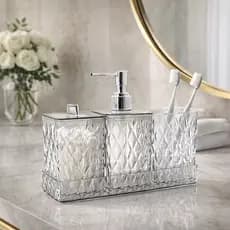 Kit Lavabo 4 Peças Porta Algodão Escovas  Sabonete Liquido Decoração Banheiro