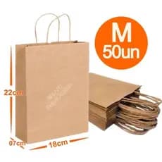 Sacola De Papel Kraft Natural M 18x07x22cm 50 Unidades