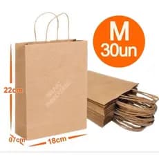 Sacola De Papel Kraft Natural M 18x07x22cm 30 Unidades