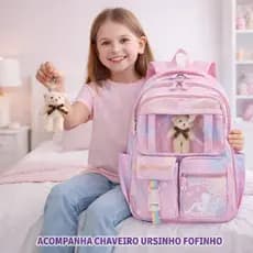 Mochila Fofa Escolar Passeio Menina Reforçada Grande Capacidade Com Estojo Embutido Moderna Com Chaveiro Ursinho