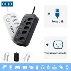 Extensão Elétrica 2m Com 6 Tomadas e 3 Entradas USB com Botão Power Socket 2500W 10A 110v 250v 4 Tomada Filtros de Linha
