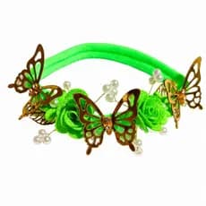Tiara Luxo Sininho Verde Neon com Borboletas Douradas | Faixinha Encantada com Pérolas e Strass
