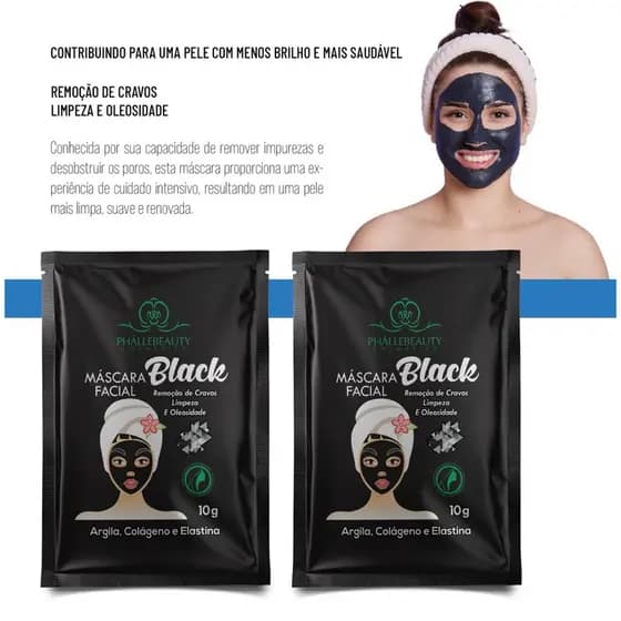 2 UNIDADES de Máscara facial Black efeito detox - carvão ativado - Phallebeauty