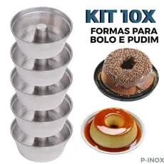 Kit 10 Formas de Pudim Bolo com Furo Central de Alumínio Polido com Bordas Reforçadas