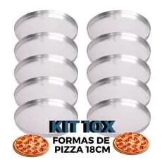 Kit 10 Formas Assadeiras de Mini Pizza 18 cm de Alumínio Polido com Borda