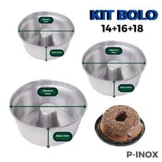 Kit 3 Formas de Pudim Bolo Tamanho 14 16 18 CM com Furo Central de Alumínio Polido com Bordas Resistentes Reforçadas