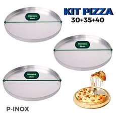 Kit 3 Formas Assadeiras de Pizza 30/35/40 CM de Alumínio Polido com Borda