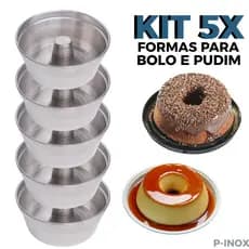 Kit  com 5 Formas de Pudim Bolo com Furo Central de Alumínio Polido com Bordas Reforçadas