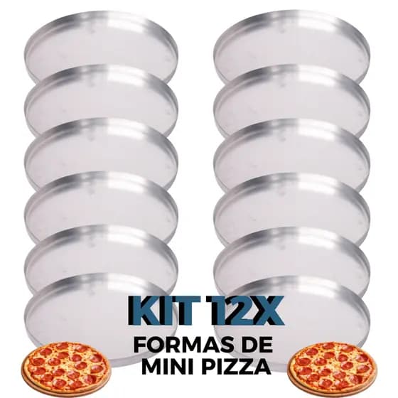 Kit 12 Formas Assadeiras 3 Tamanhos Diferentes de Mini Pizza de Alumínio Polido com Borda