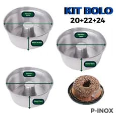 Kit 3 Formas de Pudim Bolo Tamanho 20 22 24 CM com Furo Central de Alumínio Polido com Bordas Reforçadas