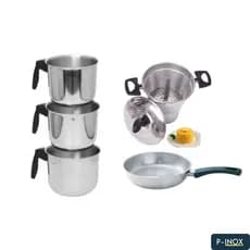 Kit Cozinha Com 3 Leiteiras + 1 Cuscuzeira Nordestina + 1 Frigideira De Aluminio Polido Premium