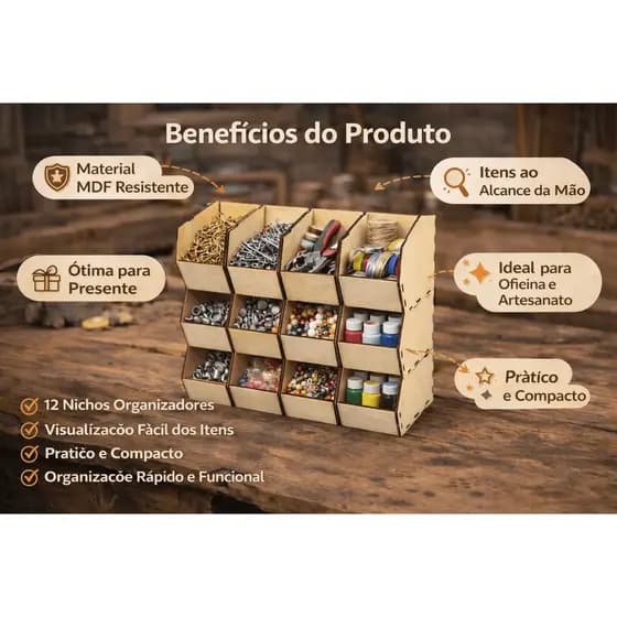 Kit Organizador de MDF 12 Nichos – Porta Parafusos, Miçangas, Ferramentas e Artesanato | Caixa Organizadora Multiuso