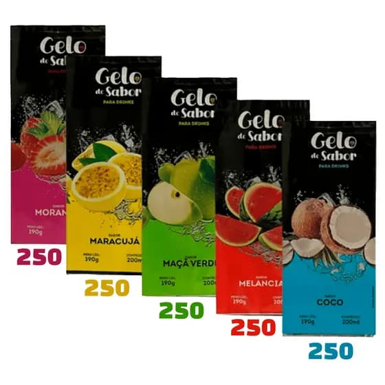 Kit 1250 Embalagem Gelo Saborizado | Saco Metalizado 5 Sabores Atacado