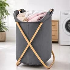 Cesto de Roupa Suja Bambu Organizador Dobrável 75 litros