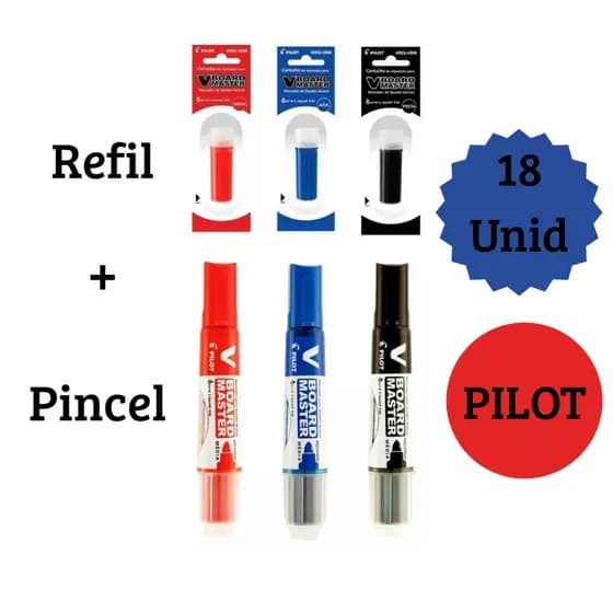 Kit 3 Marcadores + 18 refil Para Marcador de Quadro Branco Lousa Branca Refil e Marcador da Pilot.