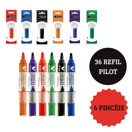 Kit 6 Pincéis + 36 Refil Para Marcador de Quadro Branco Lousa Branca Refil e Marcador da Pilot.