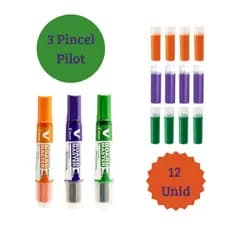 Kit 3 Pincéis Para Quadro Branco + 12 Recargas