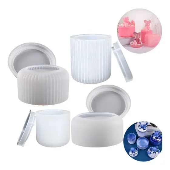 Molde Silicone Pote Tampa Liso Listrados Vela Gesso Cimento Resinas Artesanatos Decoração