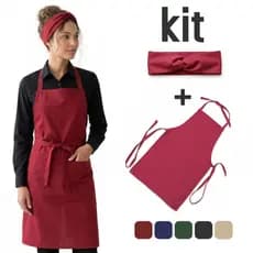 Avental de Amarrar + Turbante em Oxford Cozinha Restaurante Barista - Preto Bege Azul Verde Vermelho